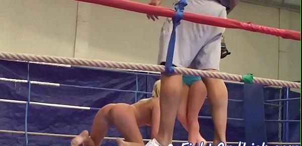  Pussylicking babes catfight in a boxing ring
